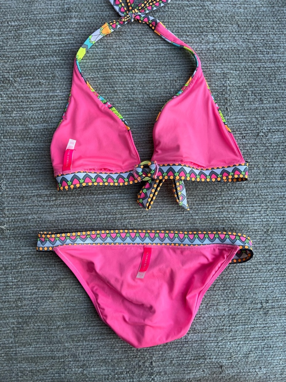 Vintage Y2K Victoria's Secret Neon Pink Multicolor Mandala Boho Bikini Set S/L - Picture 5 of 11